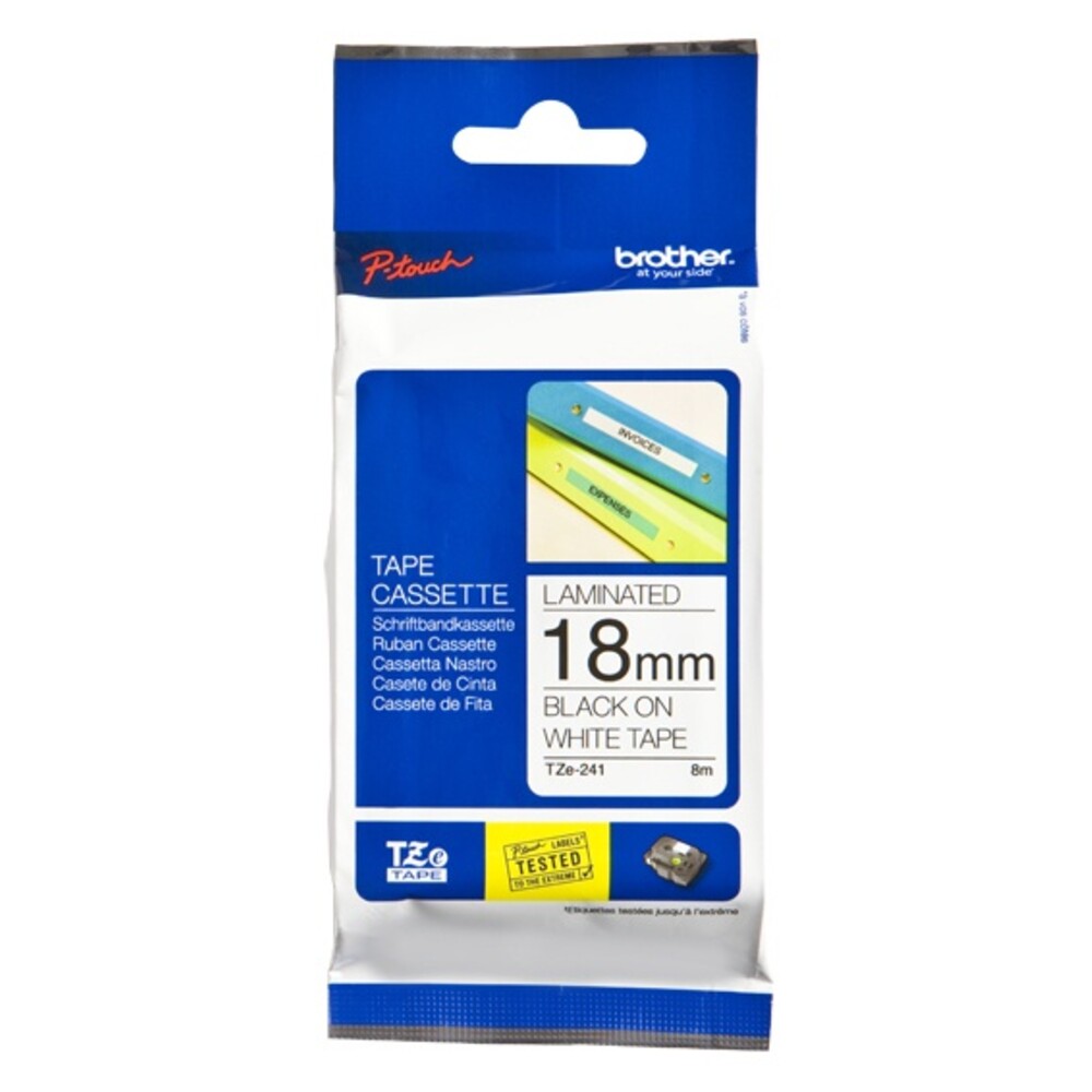 Cinta Laminada Brother Estandar Texto negro sobre cinta blanca de 18mm x 8m TZE241G - Código: TZE241G | Compra en Guadalajara